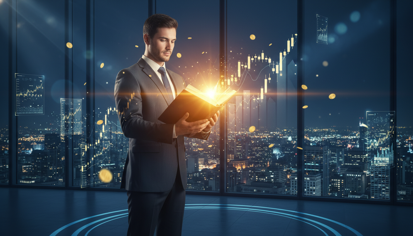 Homem estudando educação financeira com livro brilhante e gráficos de investimentos ao fundo