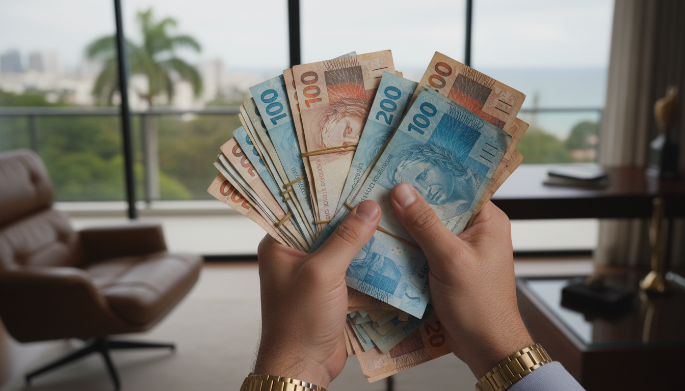 homem segurando notas de reais na mão