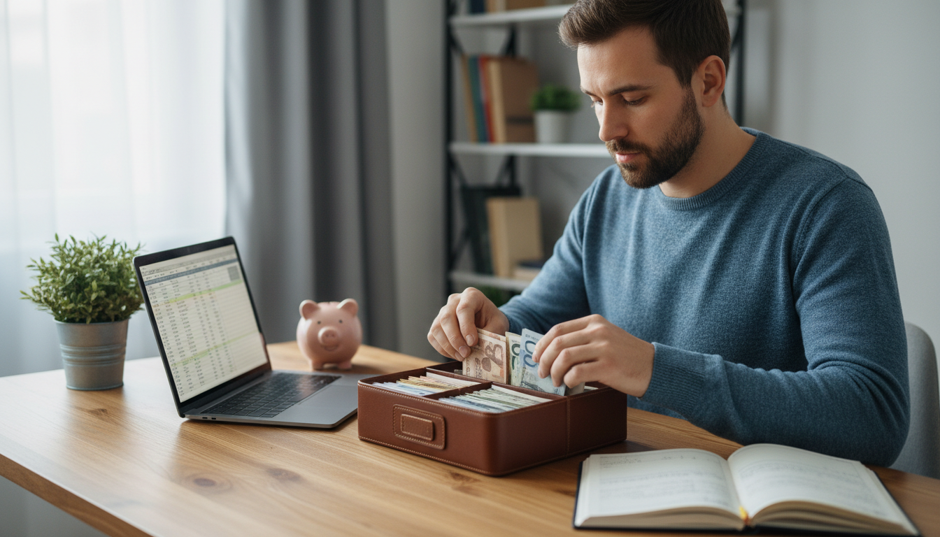Pessoa guardando moedas em um cofrinho ou organizando economias para poupar dinheiro e enriquecer