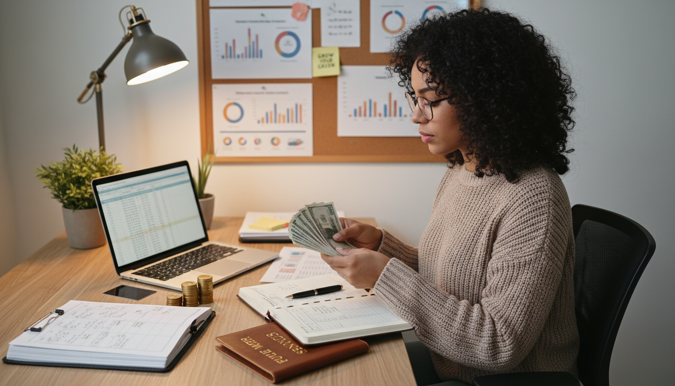 Mulher sentada organizada planejando sua educação financeira e organização de finanças pessoais.