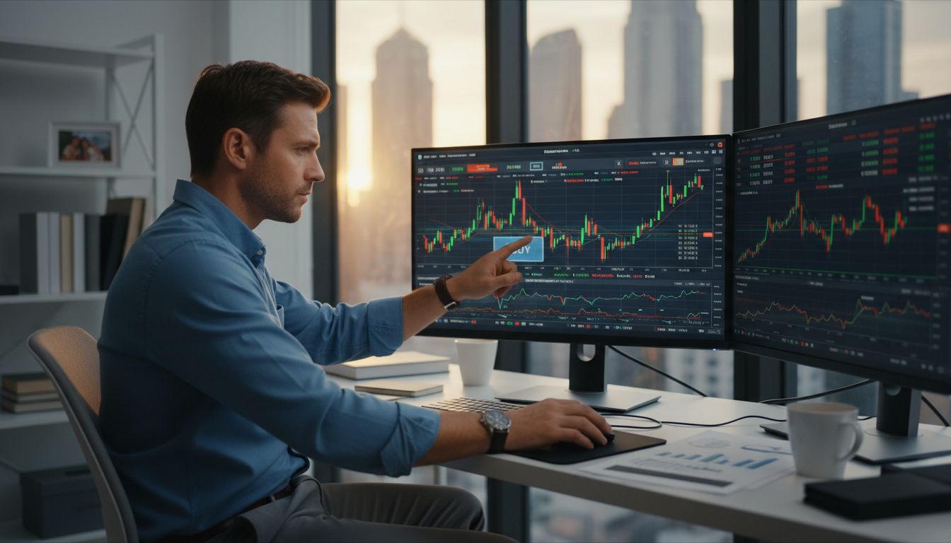 Ilustração de um homem confuso cercado por livros e símbolos financeiros, representando as barreiras mentais e a complexidade de aprender a investir.