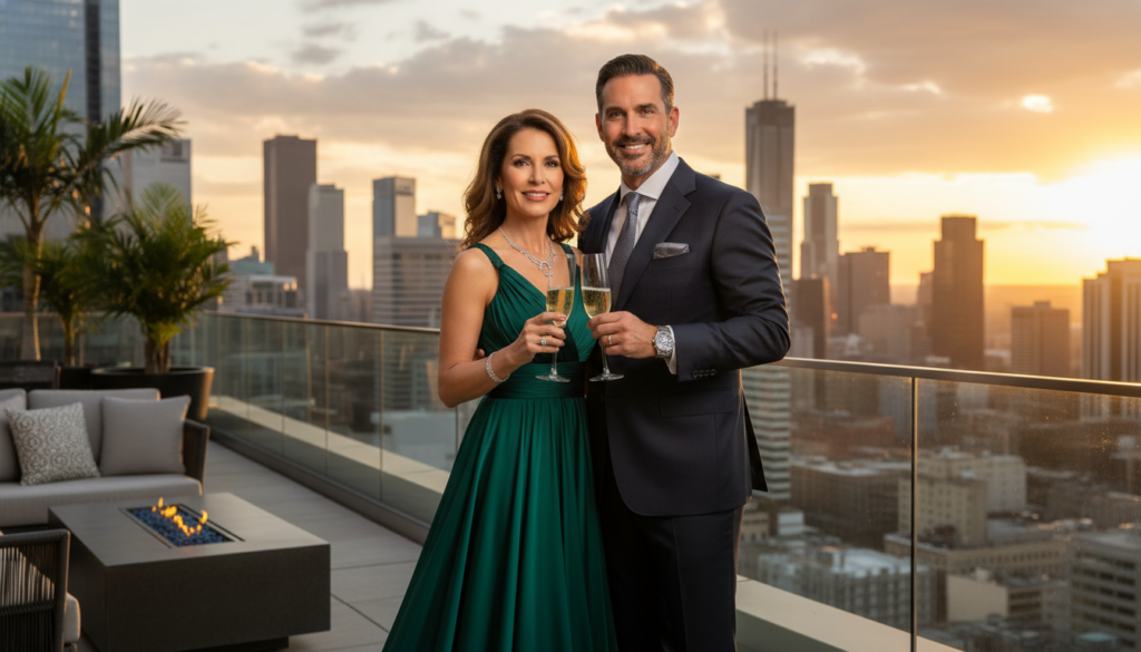 Casal elegante em traje de luxo sorrindo em um ambiente sofisticado.